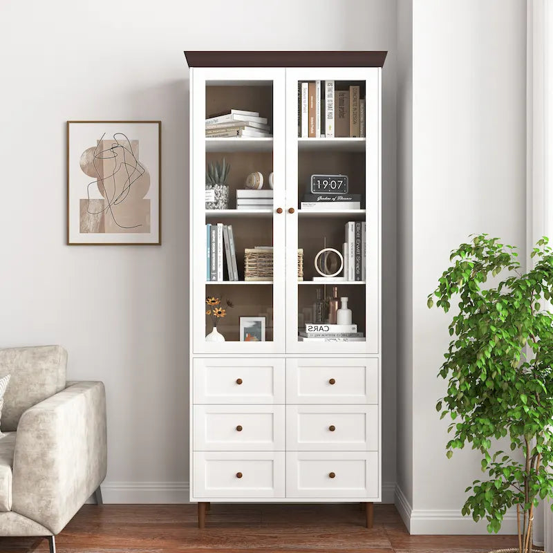 Tall Kitchen Pantry Cabinet with Glass Doors and Adjustable Shelves