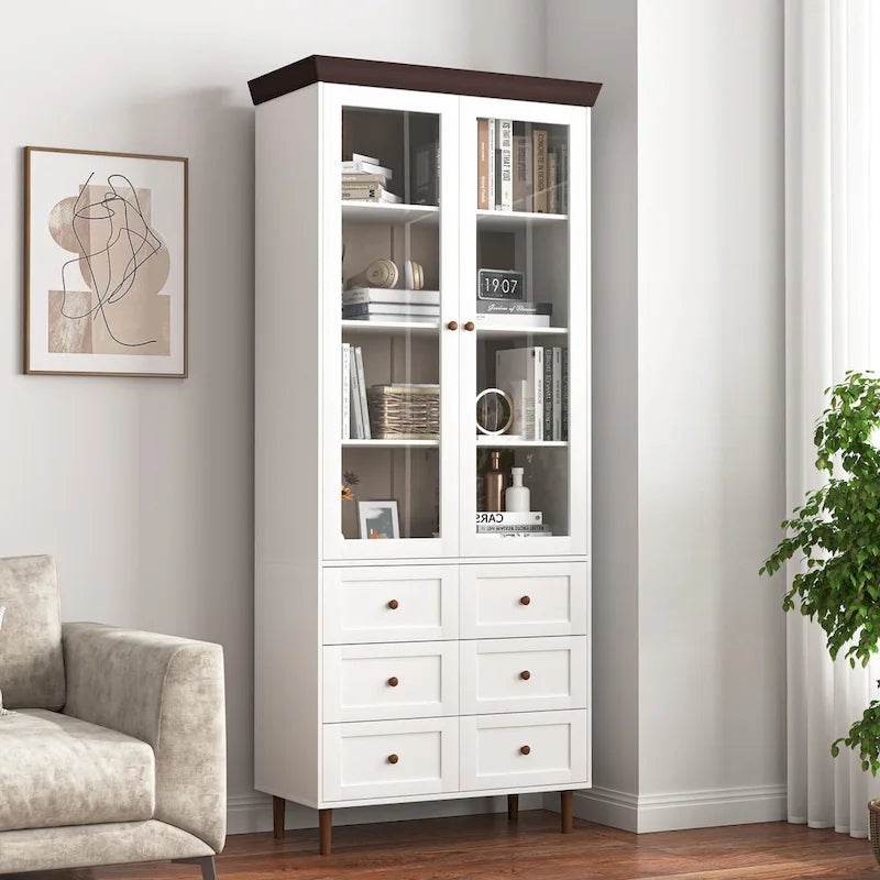 Tall Kitchen Pantry Cabinet with Glass Doors and Adjustable Shelves