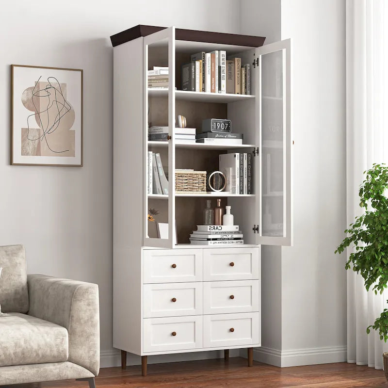 Tall Kitchen Pantry Cabinet with Glass Doors and Adjustable Shelves