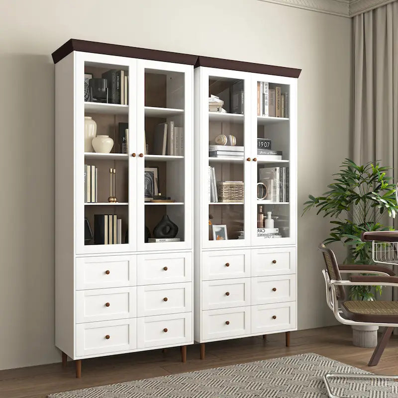 Tall Kitchen Pantry Cabinet with Glass Doors and Adjustable Shelves