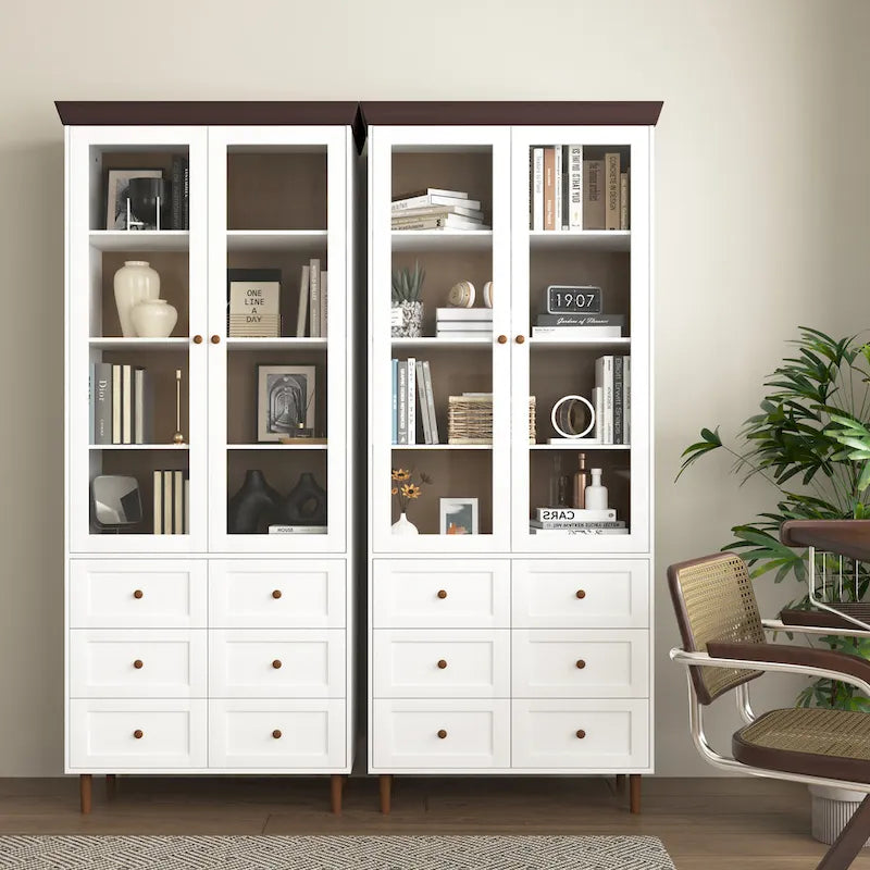 Tall Kitchen Pantry Cabinet with Glass Doors and Adjustable Shelves