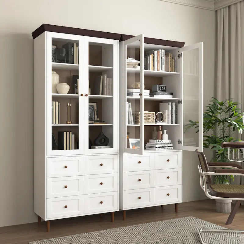Tall Kitchen Pantry Cabinet with Glass Doors and Adjustable Shelves
