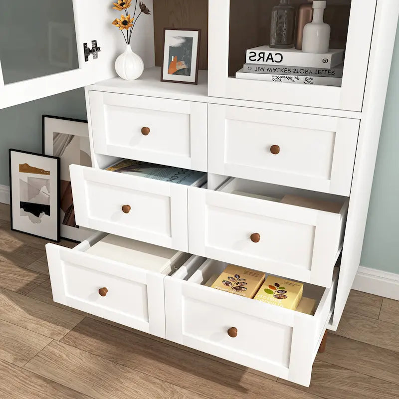 Tall Kitchen Pantry Cabinet with Glass Doors and Adjustable Shelves