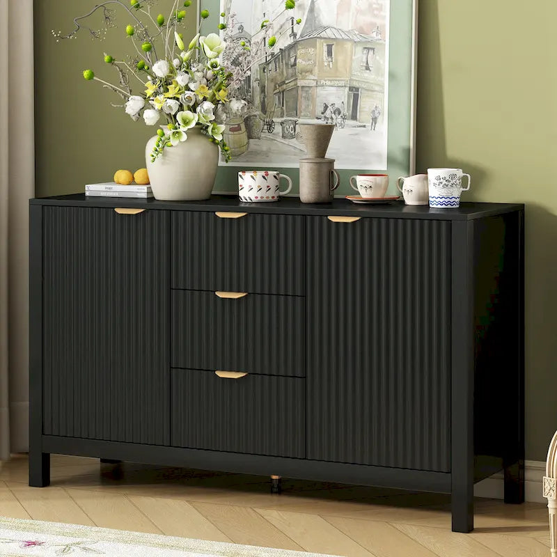 47.2" Sideboard Buffet Cabinet with Wave Design, 3 Adjustable Shelves and 3 Drawers