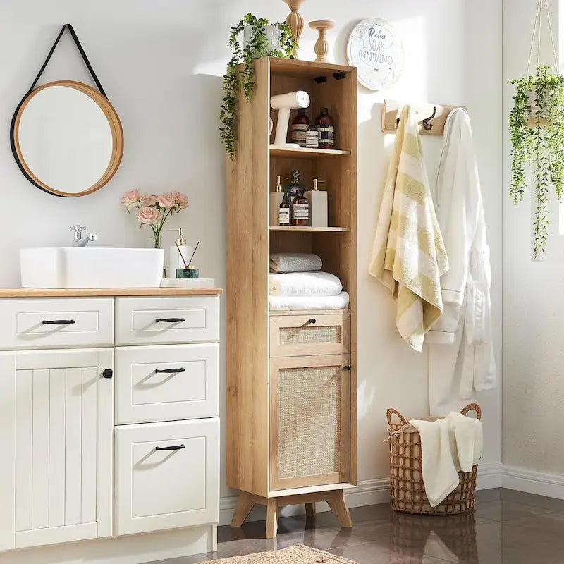 Bathroom Storage Cabinet with Rattan Door, Adjustable Shelves