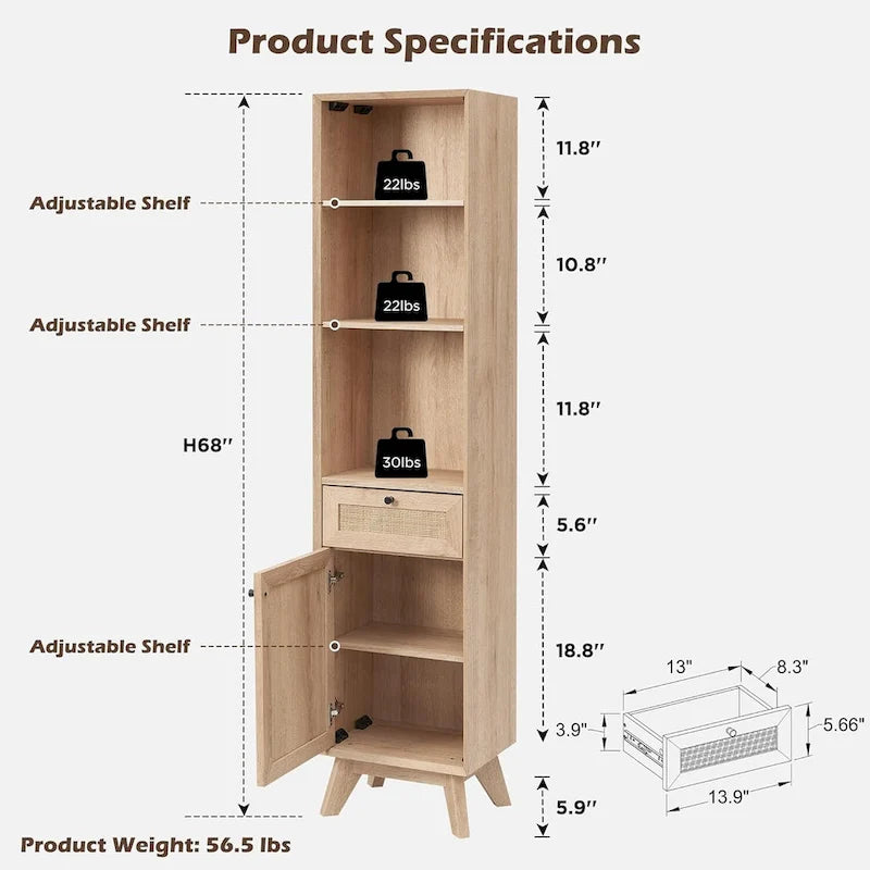 Bathroom Storage Cabinet with Rattan Door, Adjustable Shelves