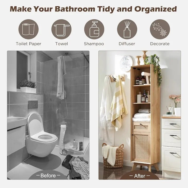 Bathroom Storage Cabinet with Rattan Door, Adjustable Shelves