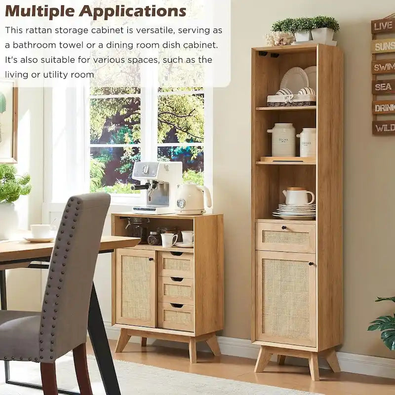 Bathroom Storage Cabinet with Rattan Door, Adjustable Shelves