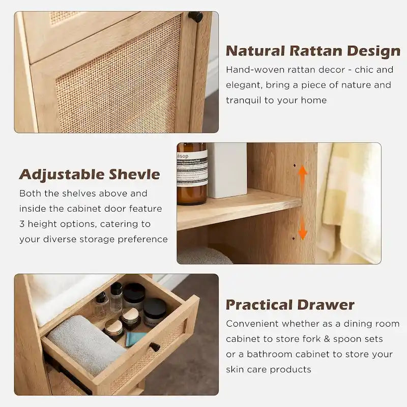 Bathroom Storage Cabinet with Rattan Door, Adjustable Shelves