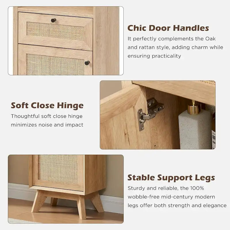 Bathroom Storage Cabinet with Rattan Door, Adjustable Shelves
