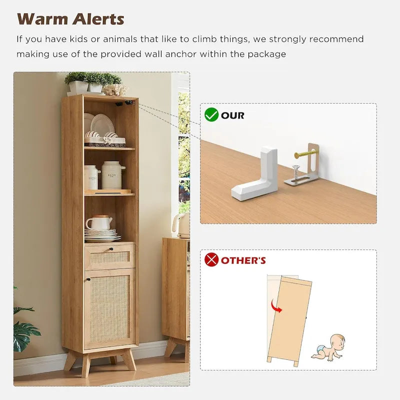 Bathroom Storage Cabinet with Rattan Door, Adjustable Shelves