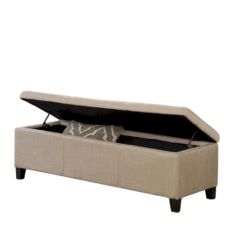 Storage Ottoman Bench, Detailed Beige Fabric, 51 Inch