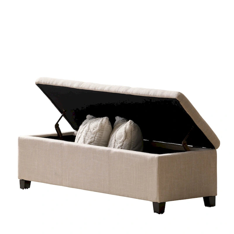 Storage Ottoman Bench, Detailed Beige Fabric, 51 Inch