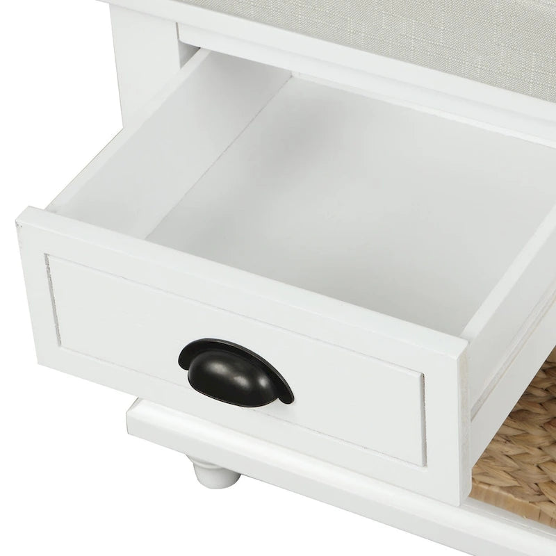Ławka do przechowywania z szufladami i rattanowymi koszami