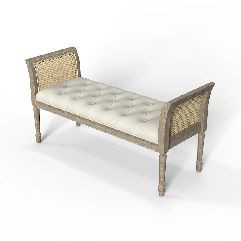 Wooden Tufted Upholstered Bench with High Flared Rattan Arms