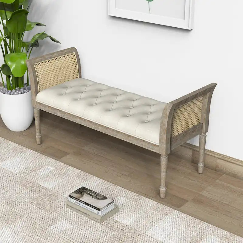 Wooden Tufted Upholstered Bench with High Flared Rattan Arms