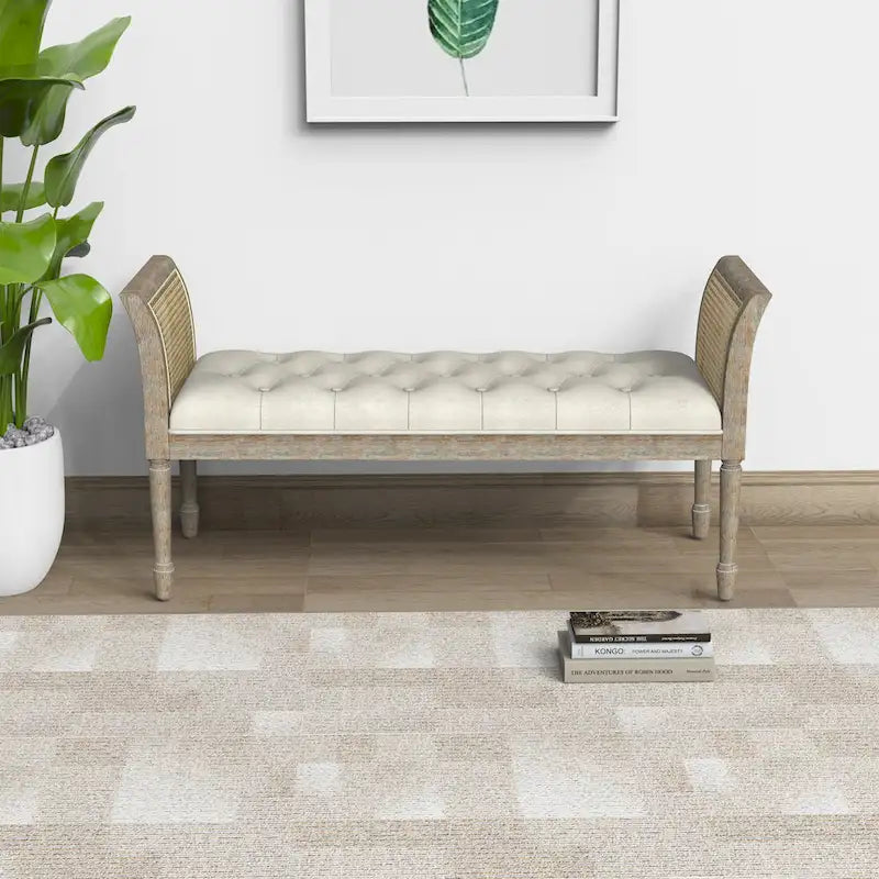 Wooden Tufted Upholstered Bench with High Flared Rattan Arms