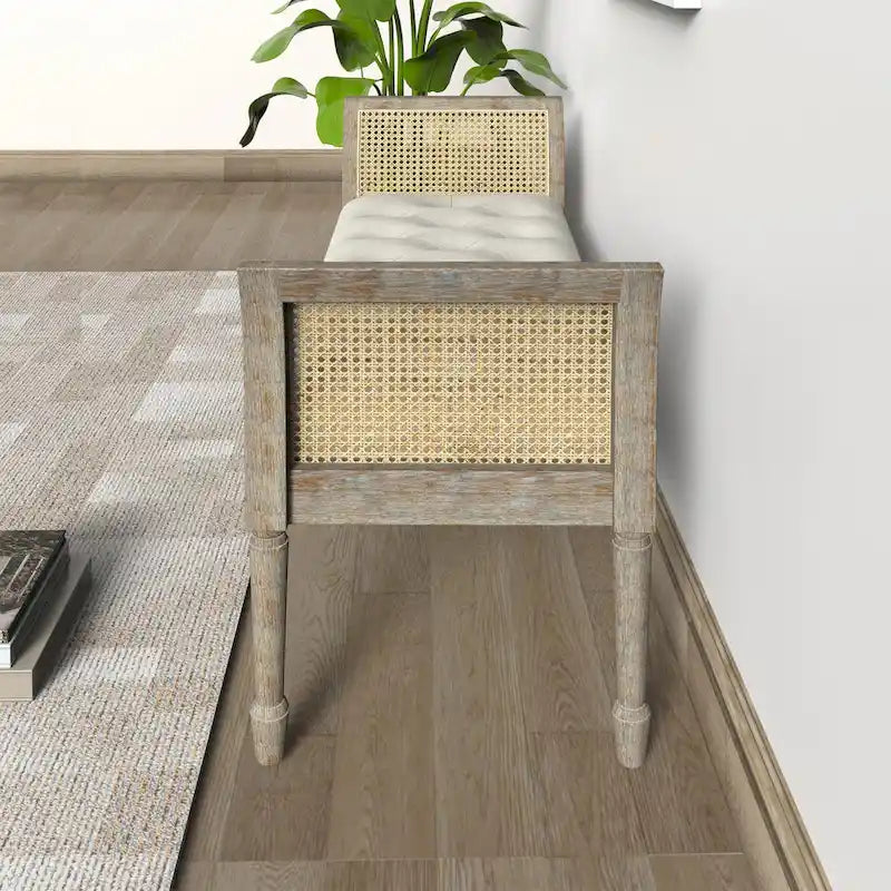 Wooden Tufted Upholstered Bench with High Flared Rattan Arms