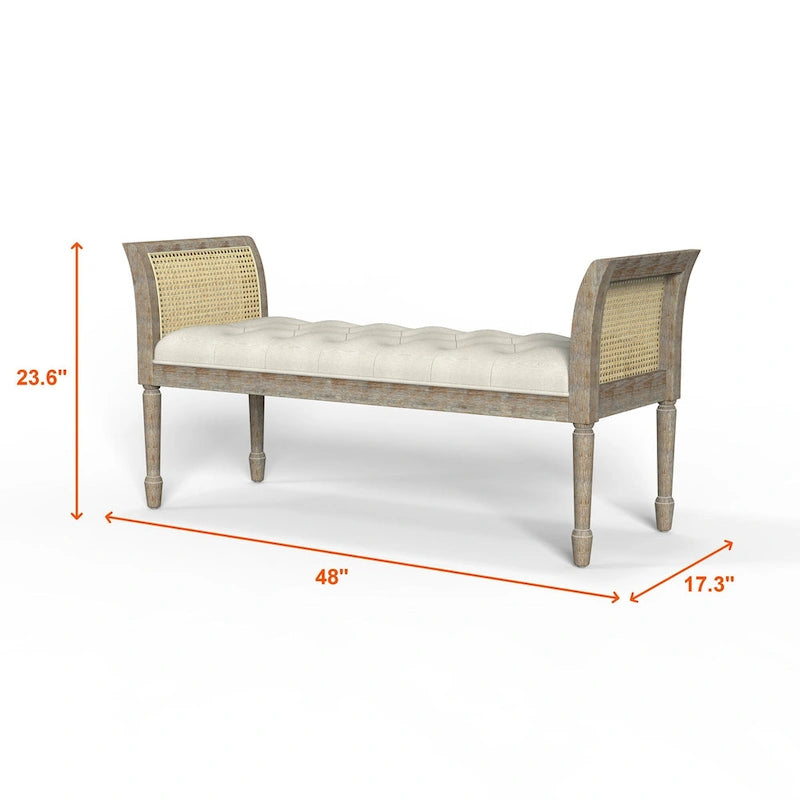 Wooden Tufted Upholstered Bench with High Flared Rattan Arms