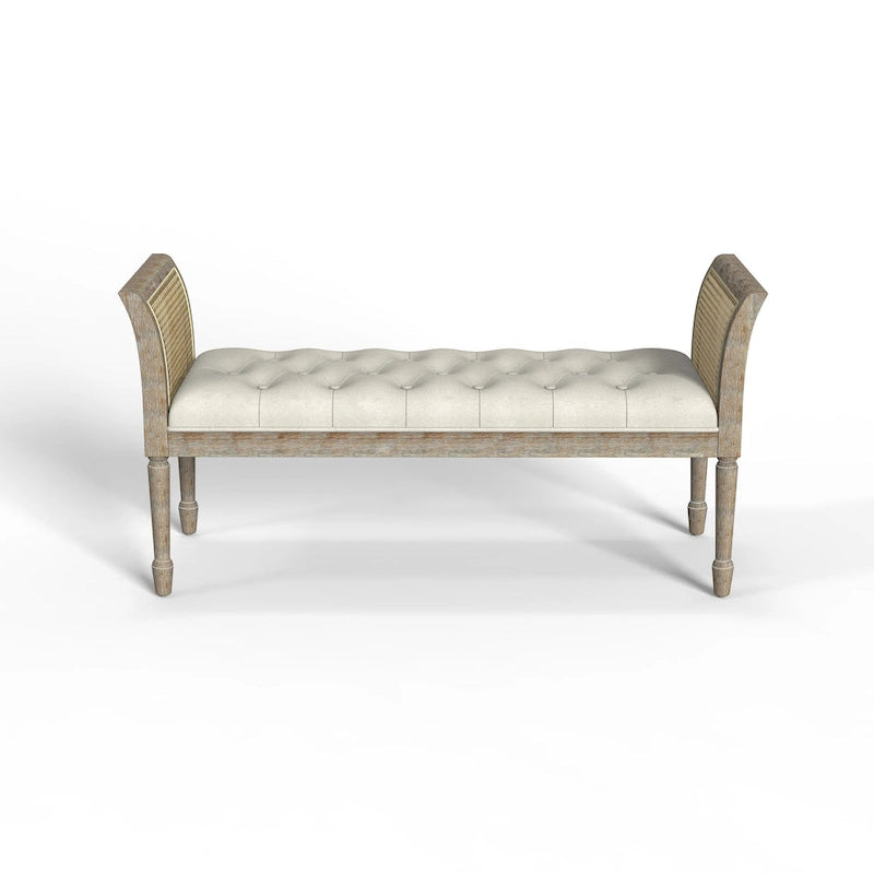 Wooden Tufted Upholstered Bench with High Flared Rattan Arms