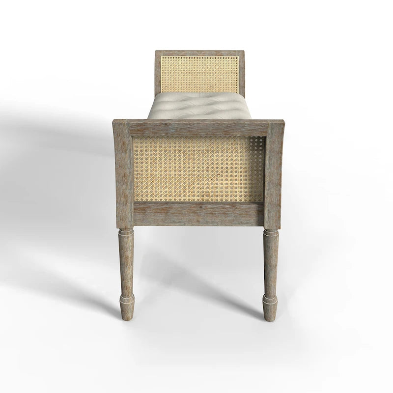 Wooden Tufted Upholstered Bench with High Flared Rattan Arms