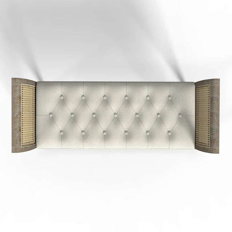 Wooden Tufted Upholstered Bench with High Flared Rattan Arms