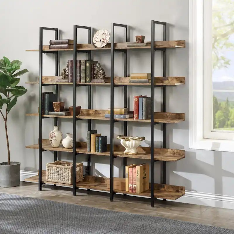 5-Tier Industrial Style Bookshelf with Metal Frame