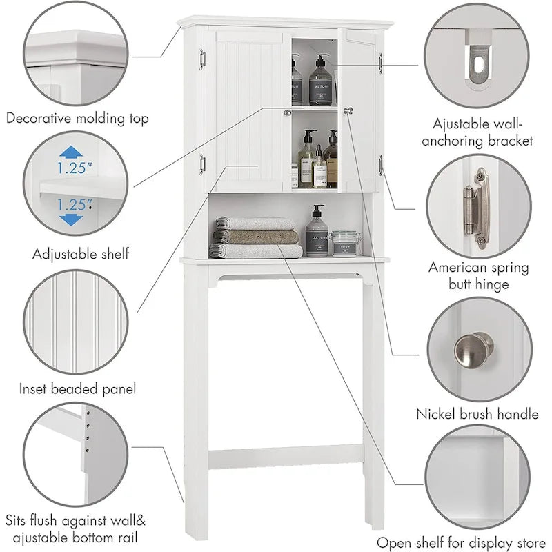Bathroom Storage Over The Toilet, Cabinet Organizer with Adjustable Shelves and Double Doors