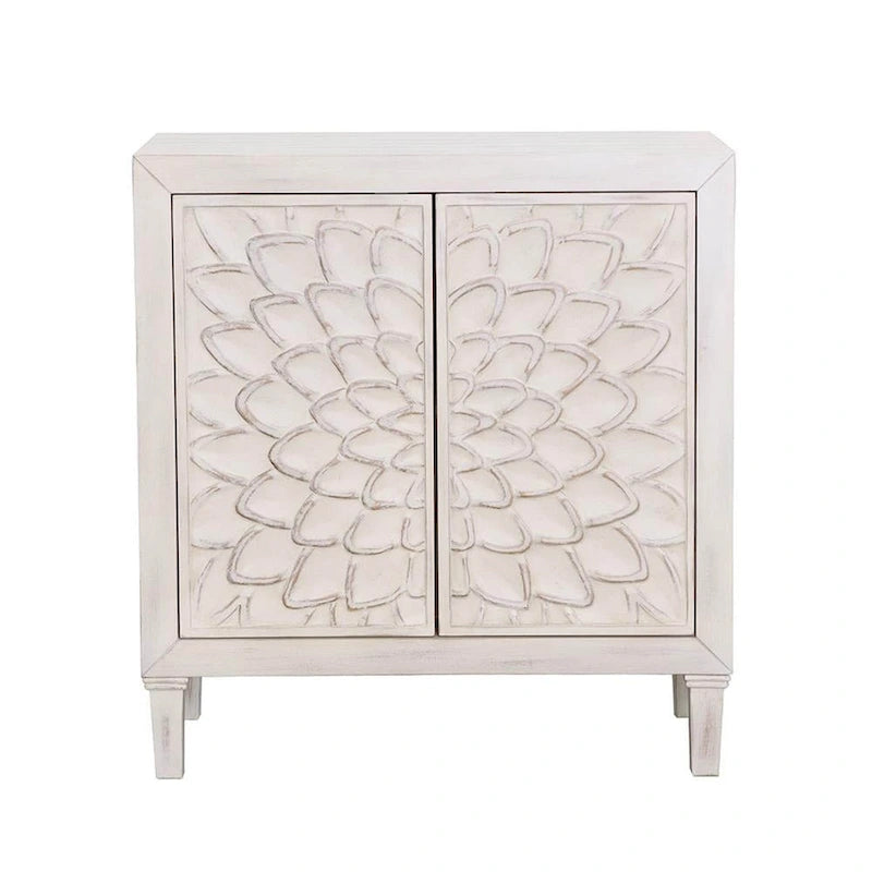 2-Door Wooden Accent Cabinet with Floral Carving, Distressed Whitewash