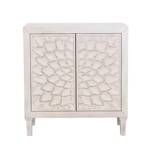 2-Door Wooden Accent Cabinet with Floral Carving, Distressed Whitewash