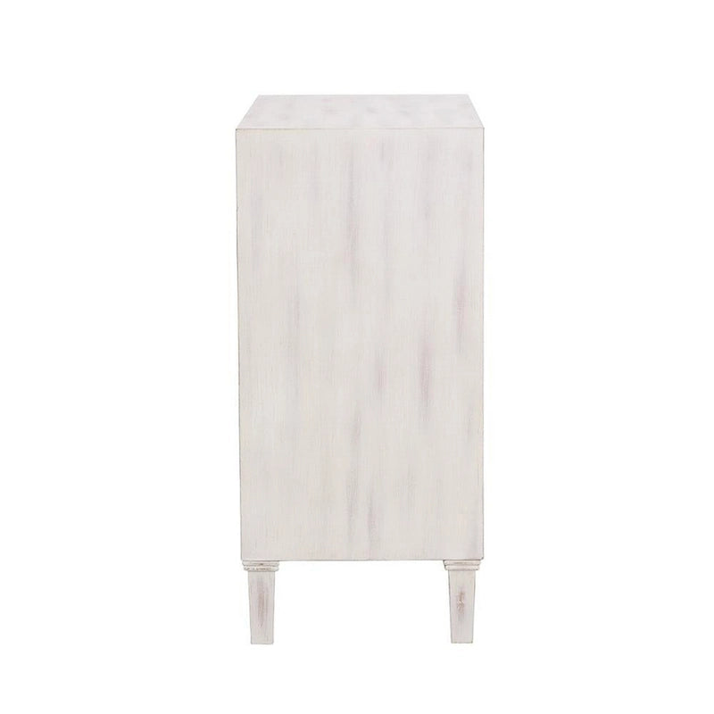 2-Door Wooden Accent Cabinet with Floral Carving, Distressed Whitewash