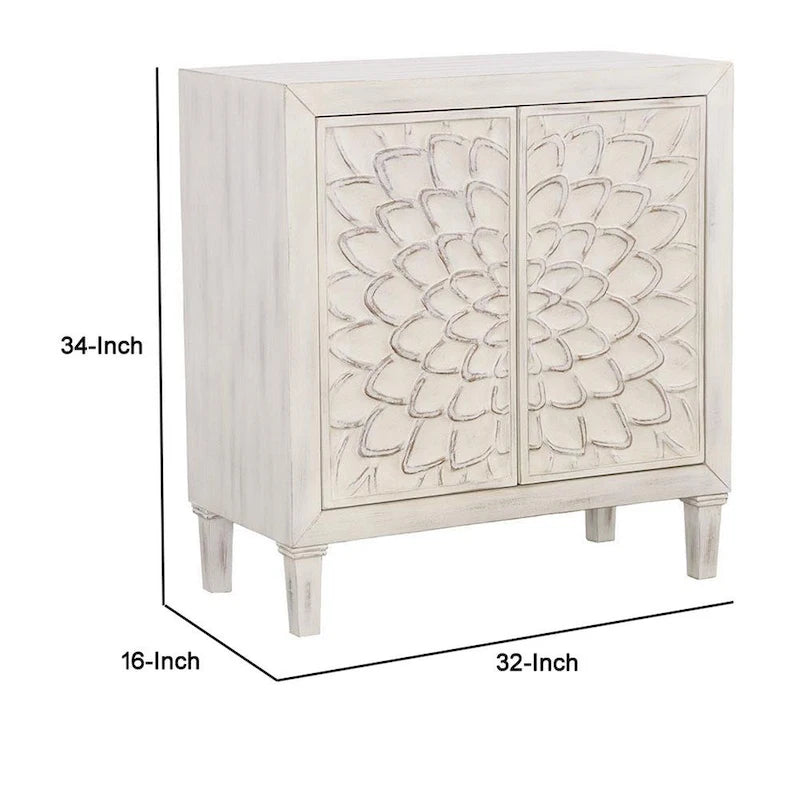 2-Door Wooden Accent Cabinet with Floral Carving, Distressed Whitewash