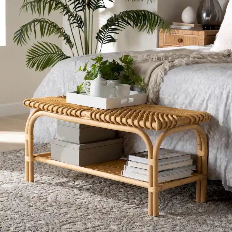 Natural Brown Rattan Accent Bench