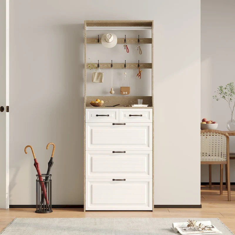 Shoe Storage Cabinet with Foldable Compartments, Flip Drawers & Hanger
