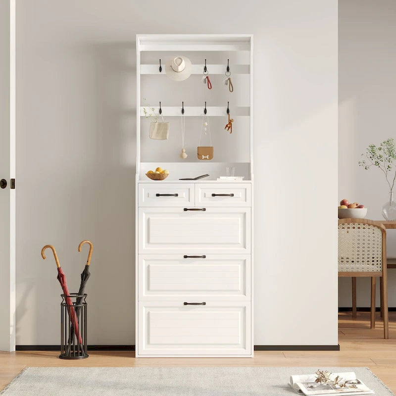 Shoe Storage Cabinet with Foldable Compartments, Flip Drawers & Hanger
