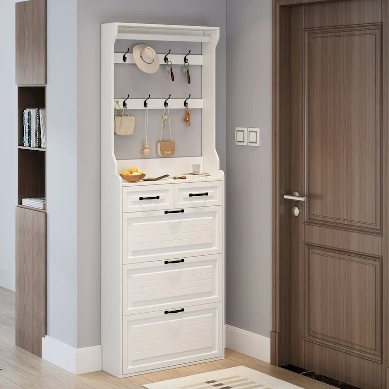 Shoe Storage Cabinet with Foldable Compartments, Flip Drawers & Hanger