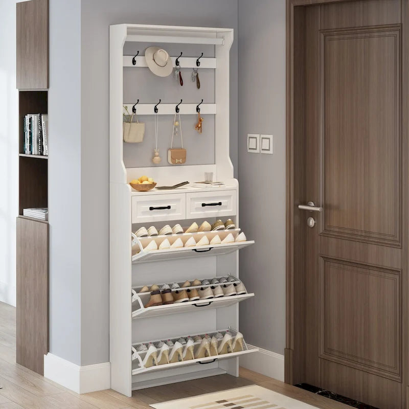 Shoe Storage Cabinet with Foldable Compartments, Flip Drawers & Hanger