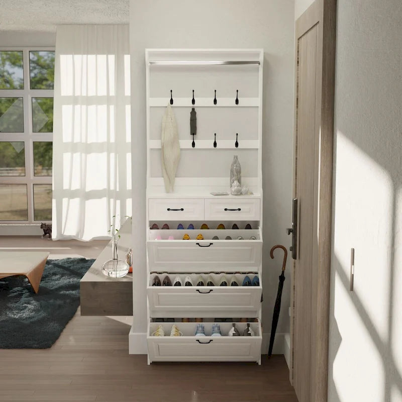 Shoe Storage Cabinet with Foldable Compartments, Flip Drawers & Hanger