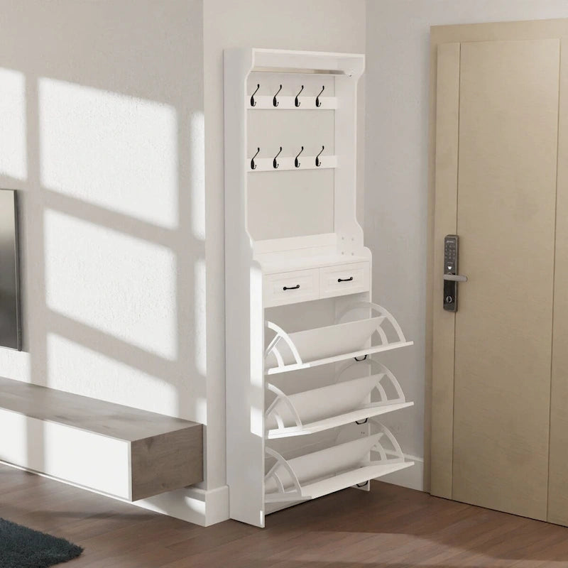 Shoe Storage Cabinet with Foldable Compartments, Flip Drawers & Hanger