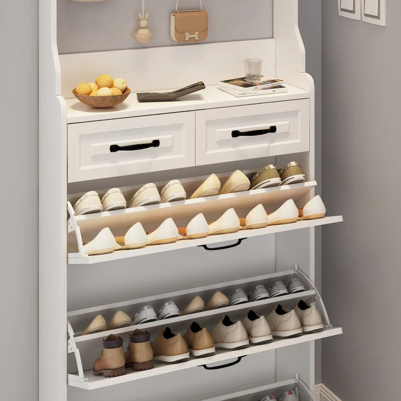 Shoe Storage Cabinet with Foldable Compartments, Flip Drawers & Hanger