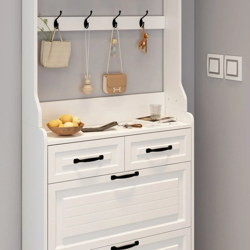Shoe Storage Cabinet with Foldable Compartments, Flip Drawers & Hanger