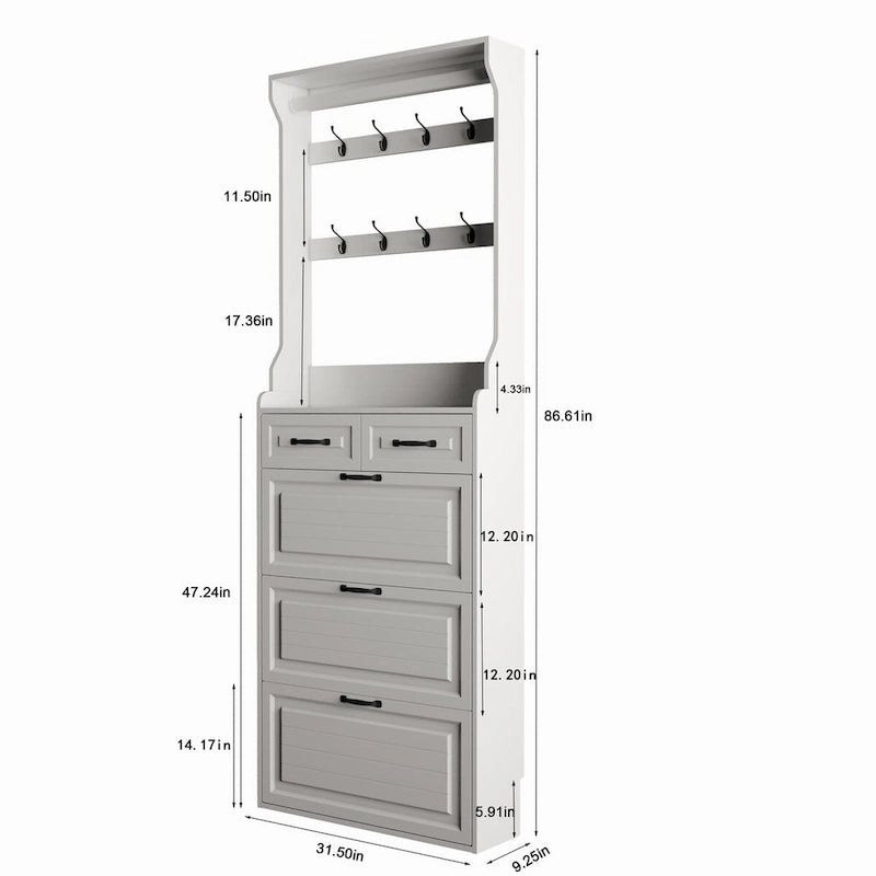 Shoe Storage Cabinet with Foldable Compartments, Flip Drawers & Hanger