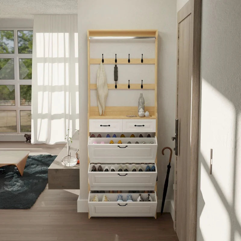 Shoe Storage Cabinet with Foldable Compartments, Flip Drawers & Hanger