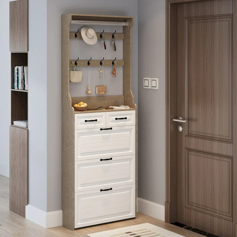 Shoe Storage Cabinet with Foldable Compartments, Flip Drawers & Hanger