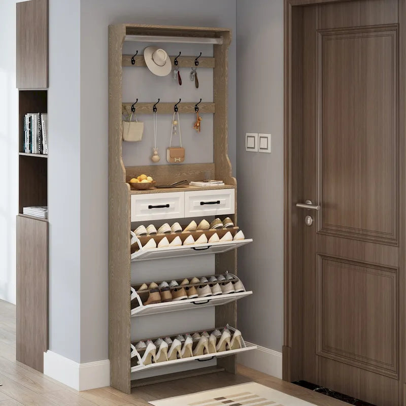 Shoe Storage Cabinet with Foldable Compartments, Flip Drawers & Hanger