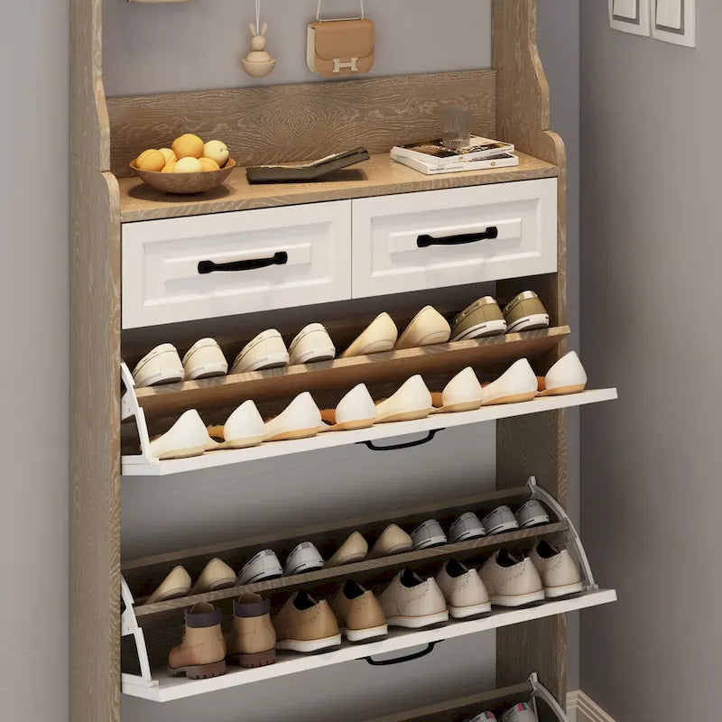 Shoe Storage Cabinet with Foldable Compartments, Flip Drawers & Hanger