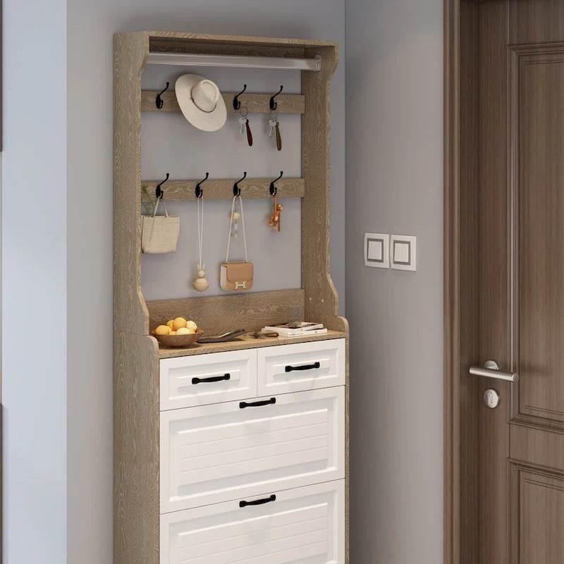 Shoe Storage Cabinet with Foldable Compartments, Flip Drawers & Hanger
