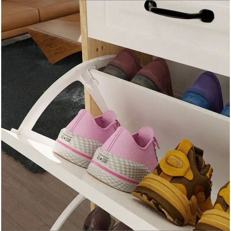 Shoe Storage Cabinet with Foldable Compartments, Flip Drawers & Hanger