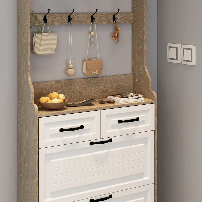 Shoe Storage Cabinet with Foldable Compartments, Flip Drawers & Hanger