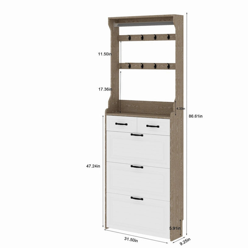 Shoe Storage Cabinet with Foldable Compartments, Flip Drawers & Hanger